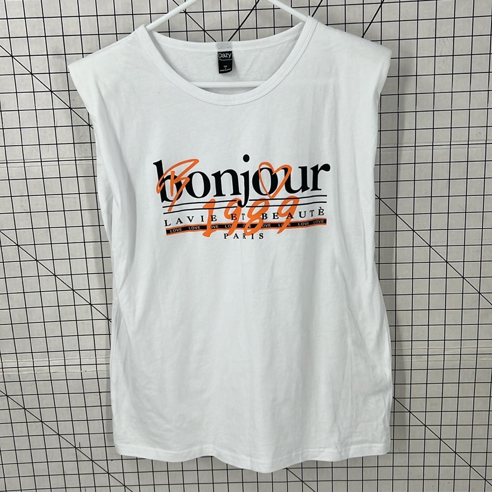 Dazy B love 1989 bonjour padded shoulder sleeveless T-shirt L